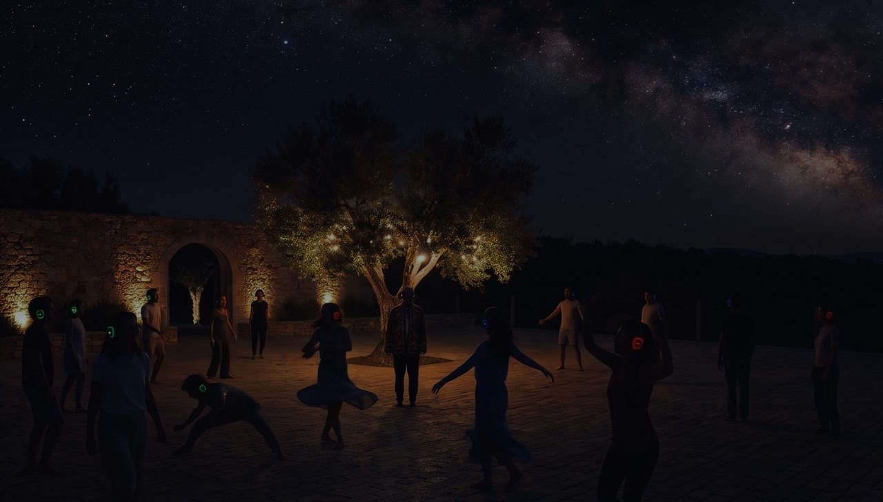 An AI-generated illustration of participants wearing wireless headphones during a representative outdoor night edition of RESONA The Space.